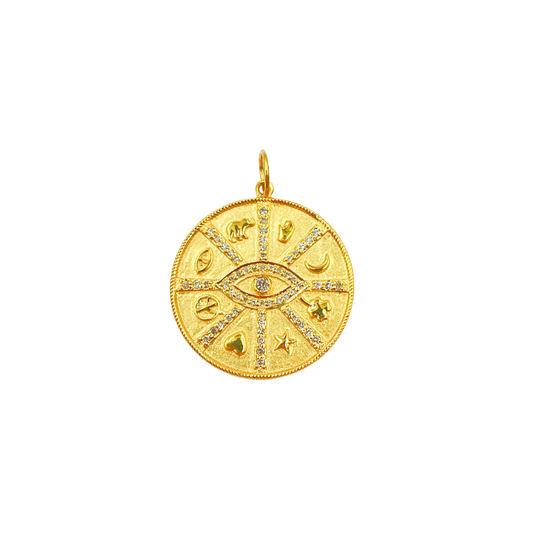 14K Solid Gold Diamond Evil Eye & Symbols Charm. GDP193