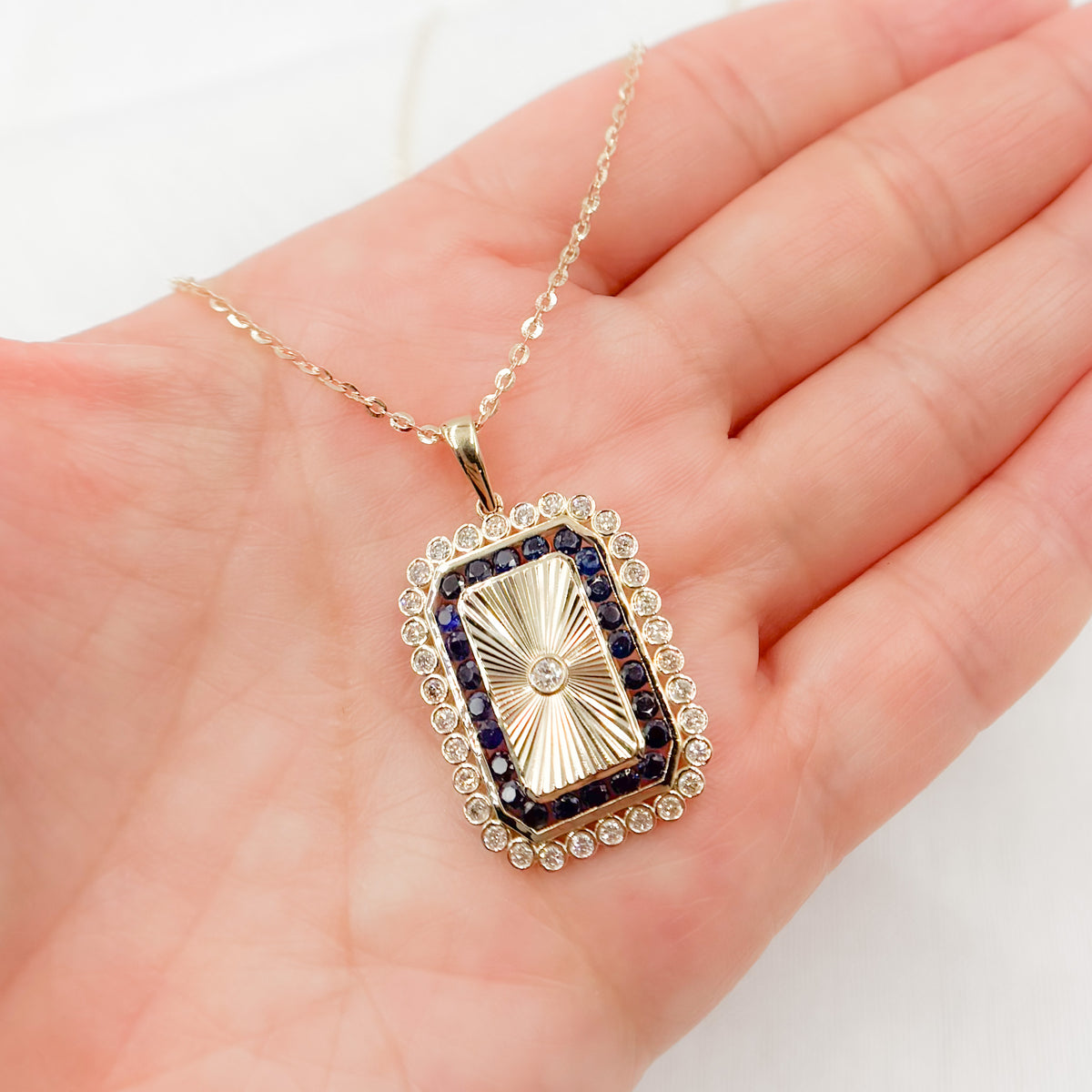 Solid Gold Diamond and Blue Sapphire Rectangle Necklace