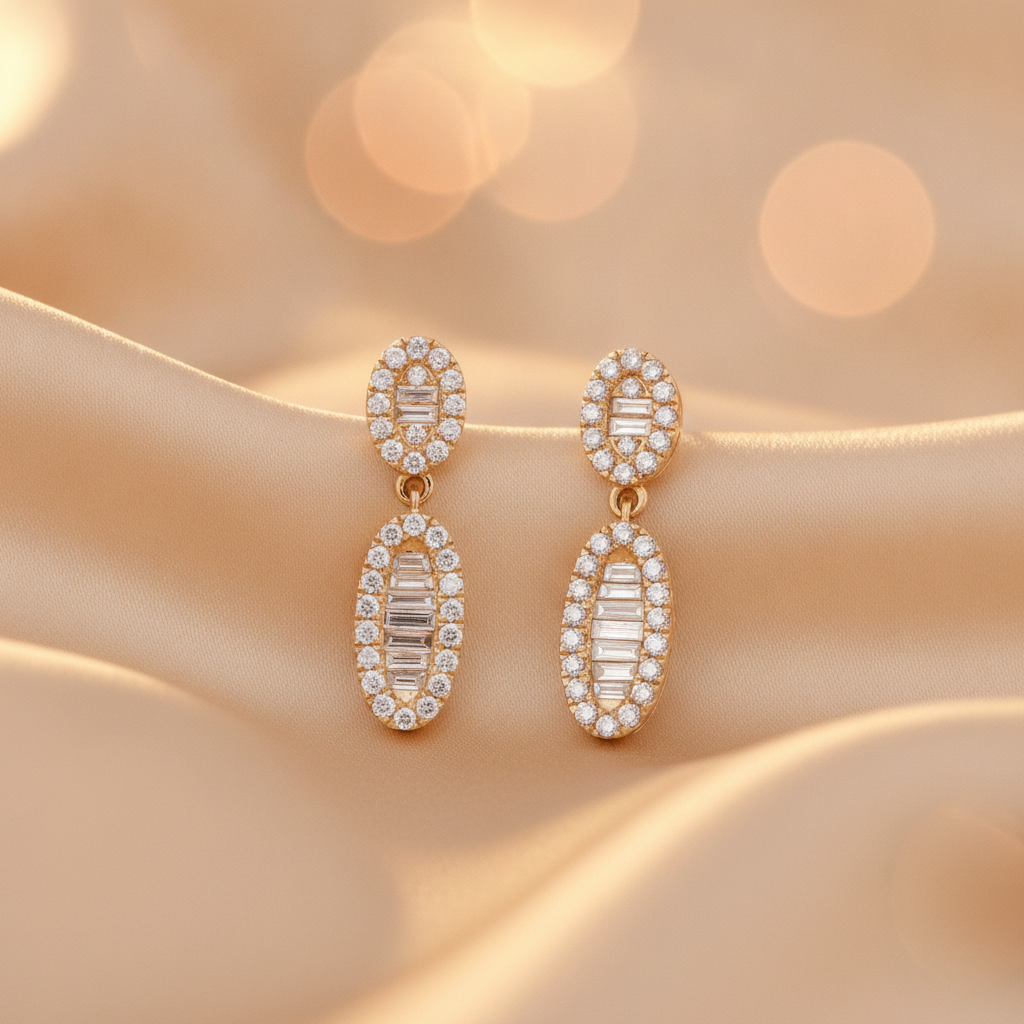 EFJ54504. 14K Solid Gold Diamond Baguette Dangle Stud Earrings