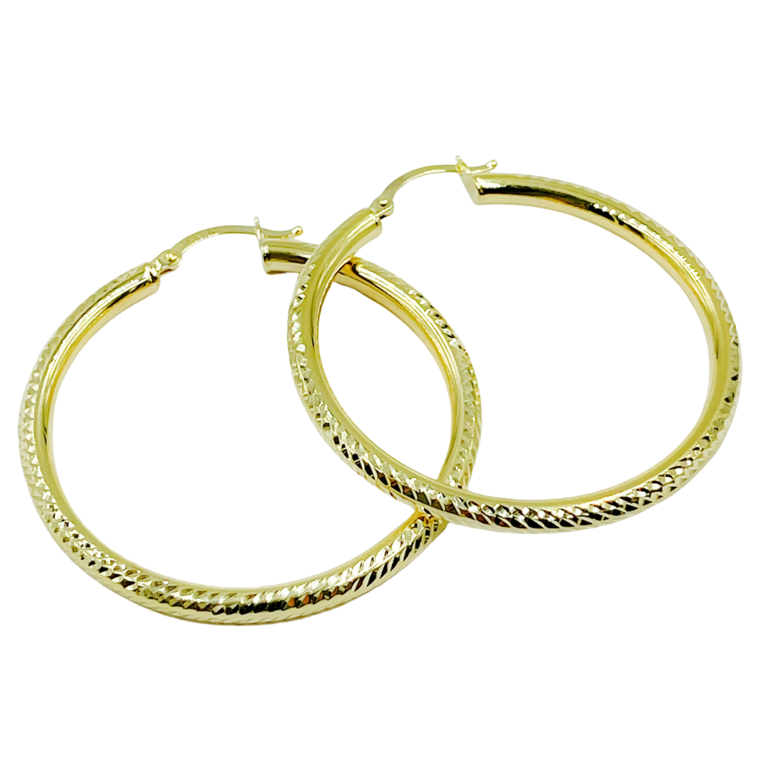 GER58. 14K Gold Hoop Earrings with Engraved Tornado Design