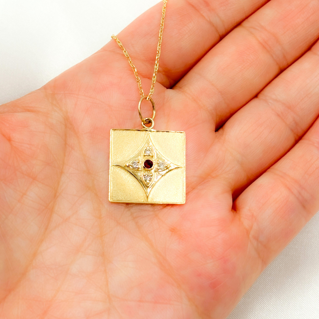 GDP335. 14K Solid Gold Charm Square Pendant with Diamonds