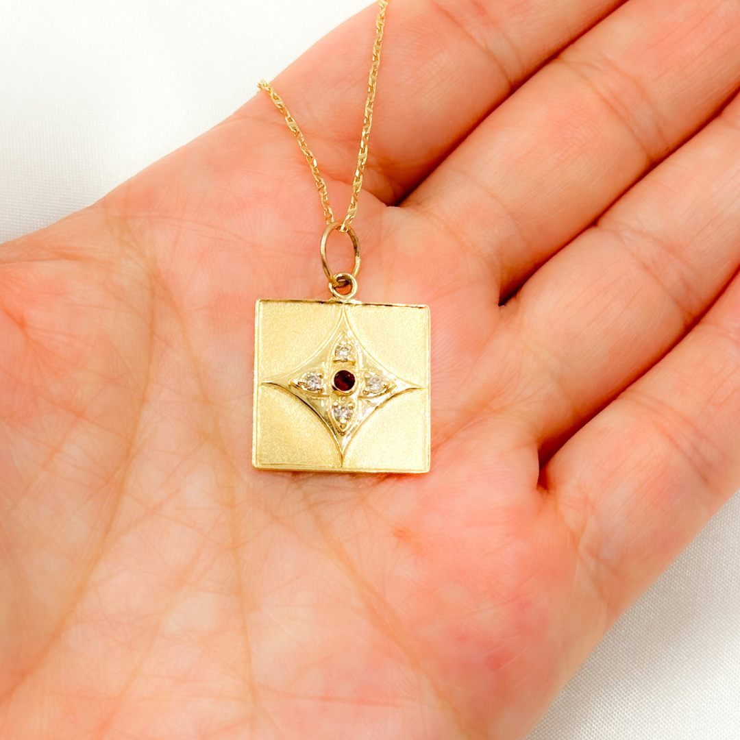 14K Solid Gold Charm Square Pendant with Diamonds. GDP335