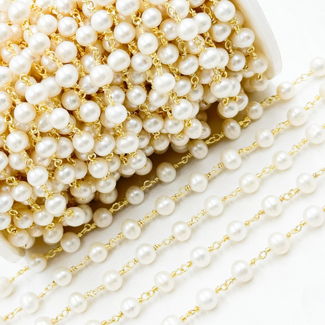 PRL21. Round White Freshwater Pearl Wire Wrap Chain
