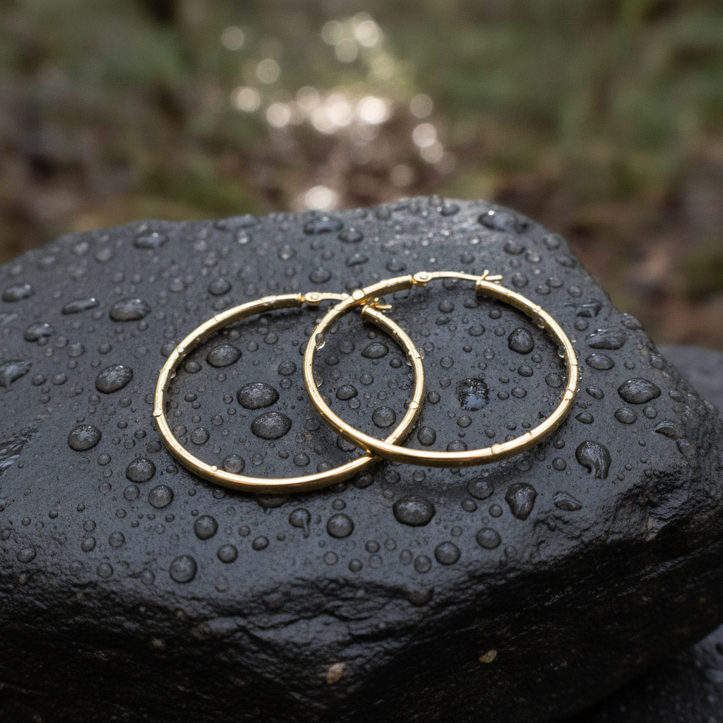 GER159. 14K Gold Hollow Smooth Hoop Earrings