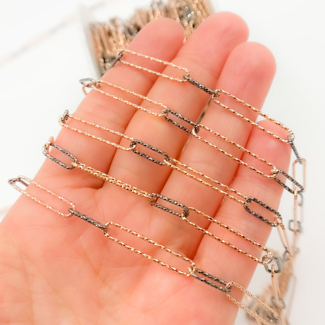 V4RGB. Sterling Silver Diamond Cut Long Rose Gold Plated & Short Black Rhodium Paperclip Chain
