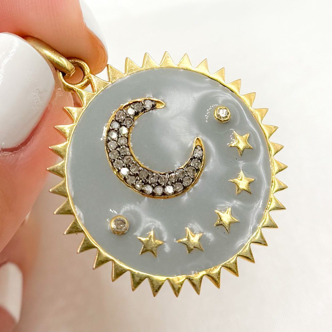 DP444A. Diamond Sterling Silver Round Moon and Stars Enamel Pendant