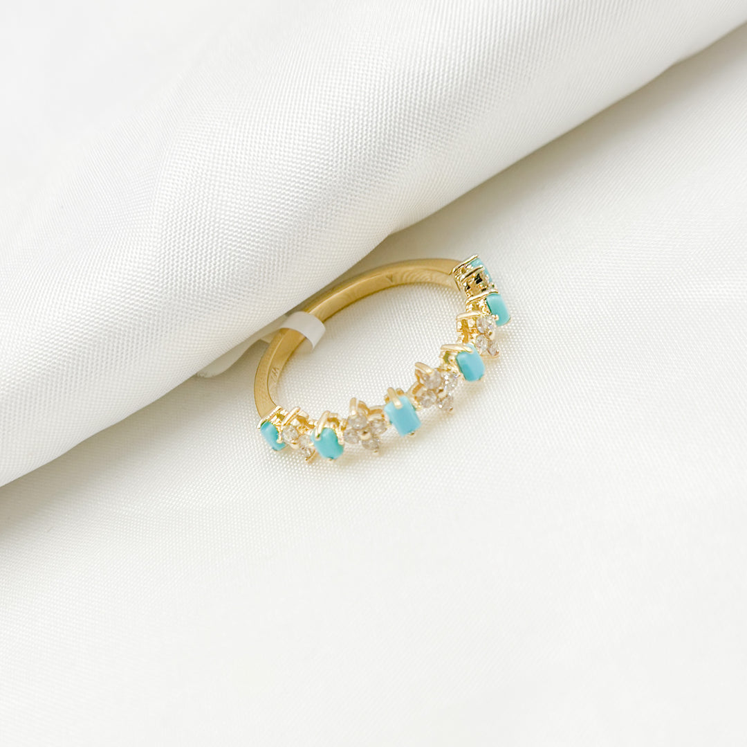14K Solid Yellow Gold Diamond and Turquoise Flower and Baguette Ring. RAF01630TQ