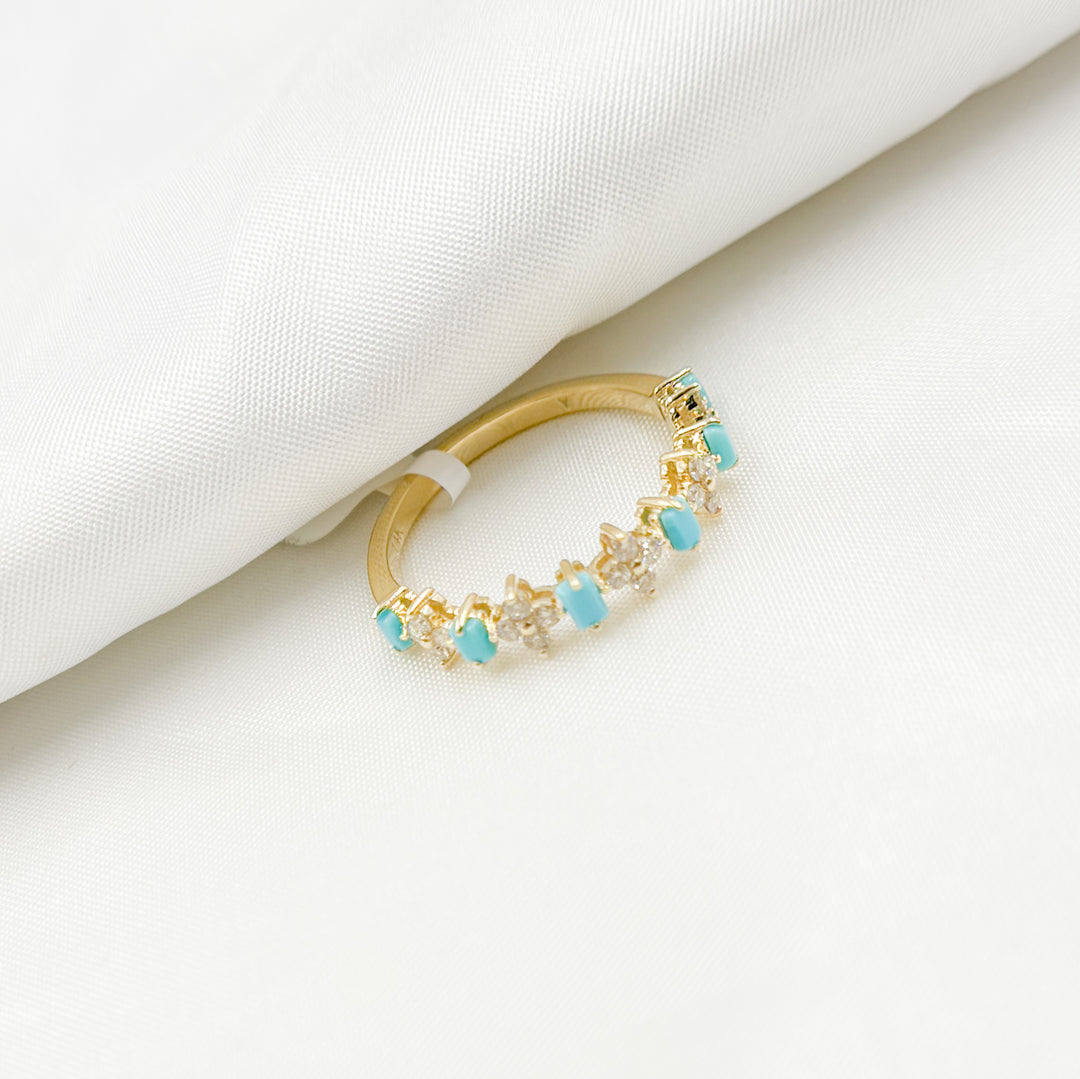 RAF01630TQ. 14K Solid Yellow Gold Diamond and Turquoise Flower and Baguette Ring