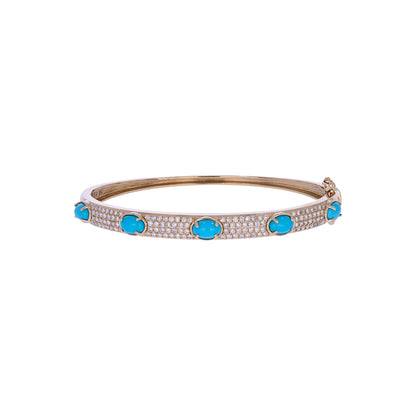 CB97356TQ6X4. 18K Solid Yellow Gold Turquoise and Diamond Fancy Bangle