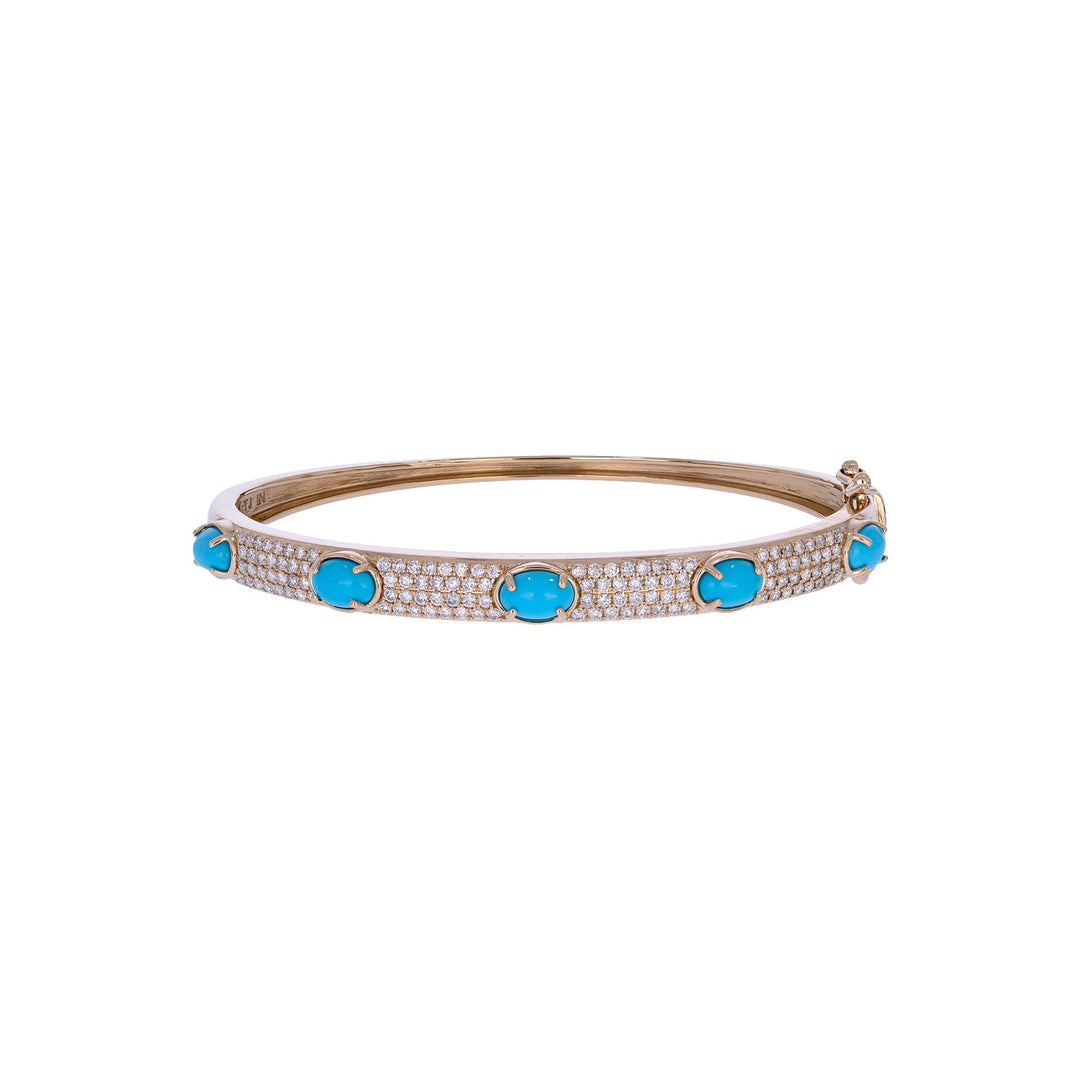 CB97356TQ6X4. 18K Solid Yellow Gold Turquoise and Diamond Fancy Bangle