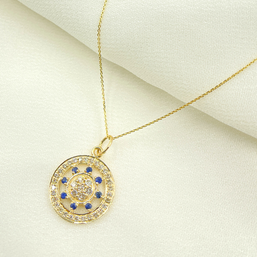 14K Solid Gold Circle Pendant with Diamonds & Ruby or Blue Sapphire Stone. GDP362