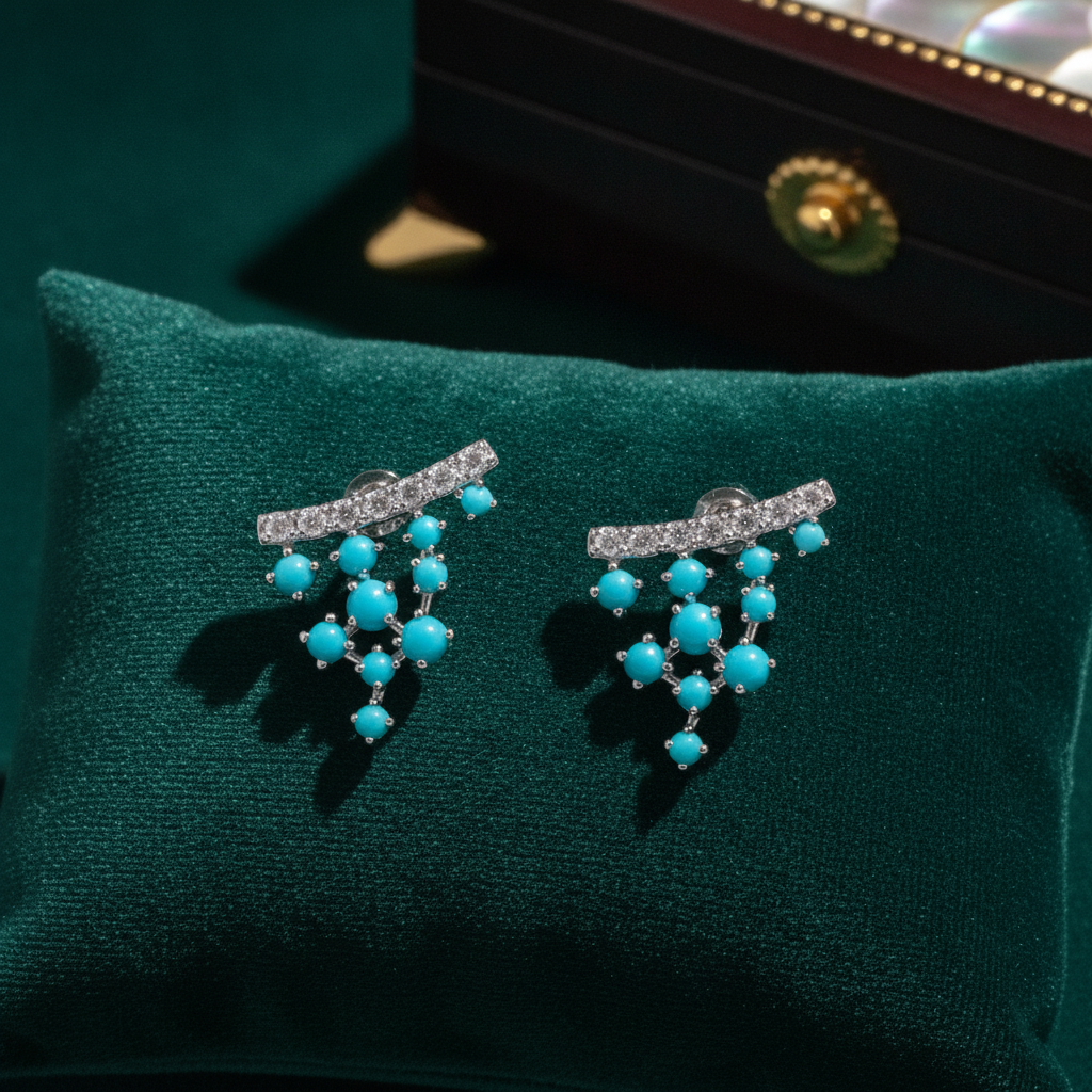 EFC54342TQ. 14K Solid Gold Diamonds and Turquoise Fancy Studs