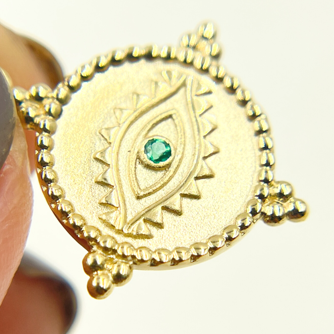 GDP183. 14K Solid Gold Round Eye Charm with Gemstone