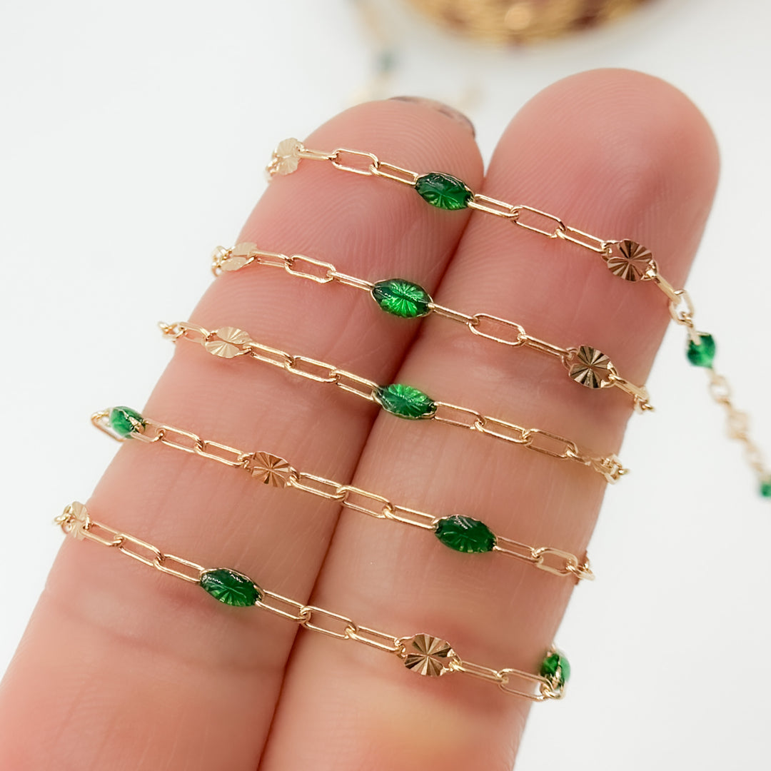 V295GRGF. 14K Gold Filled Green Color Enamel with Paperclip and Diamond Cut Marina Links
