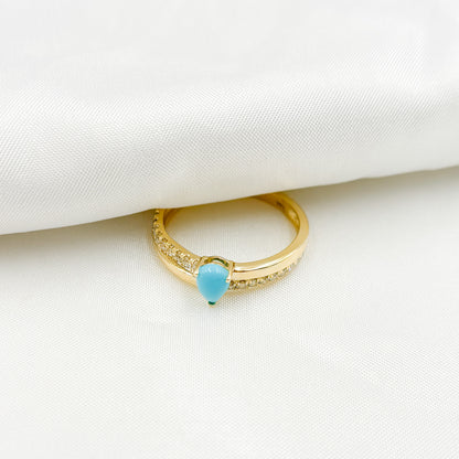 14K Solid Yellow Gold Diamond and Turquoise Double Line Drop Ring.