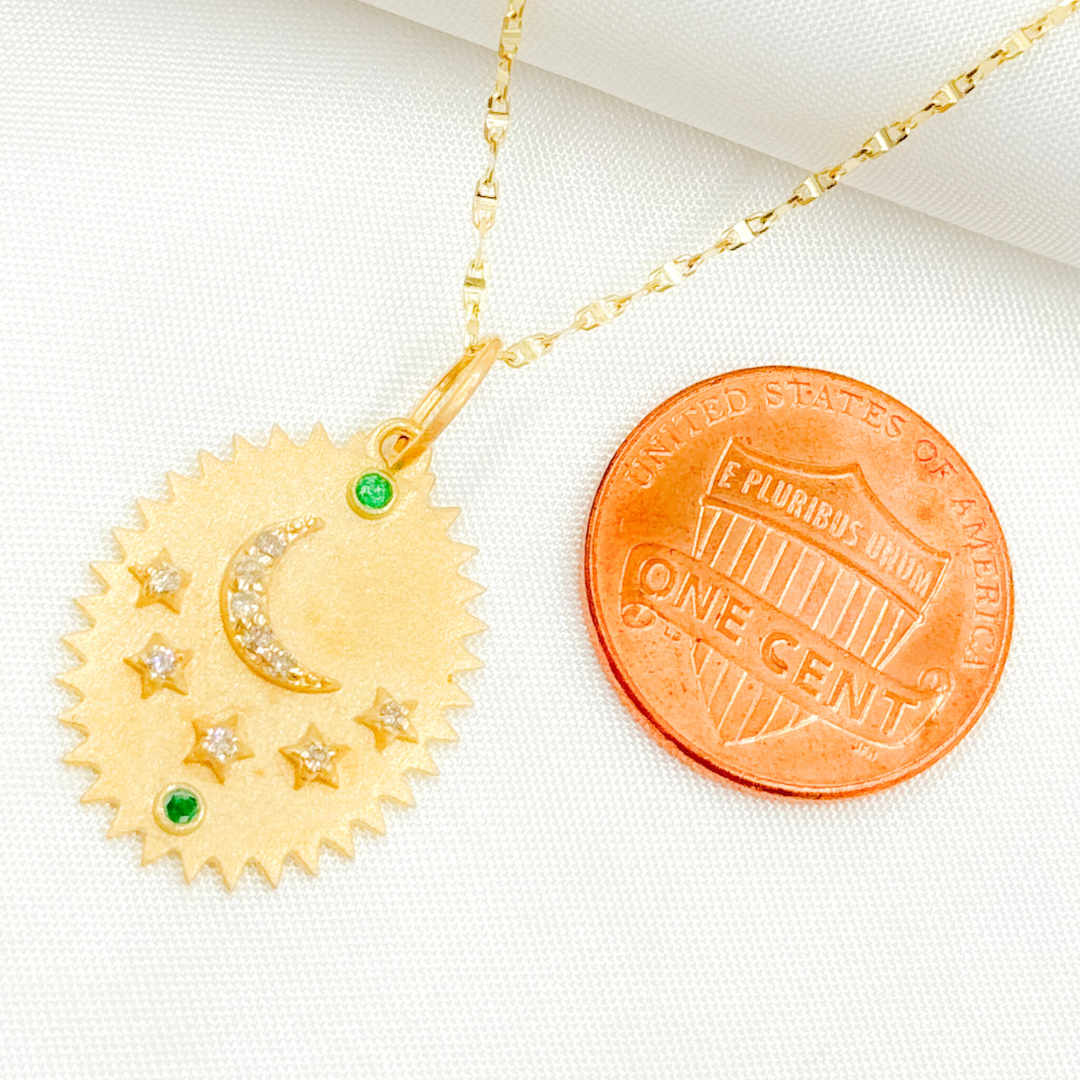 14K Solid Gold with Diamond Oval Shape Charm with Moon and Stars in the Center. GDP624