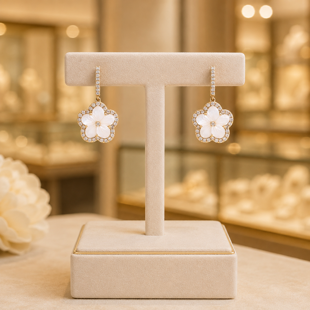 EFG53061PL. 14k Solid Yellow Gold Diamond and Mother-of-Pearl Dangle Flower Earrings