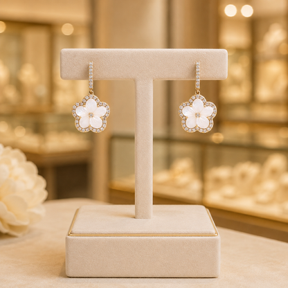 EFG53061PL. 14k Solid Yellow Gold Diamond and Mother-of-Pearl Dangle Flower Earrings