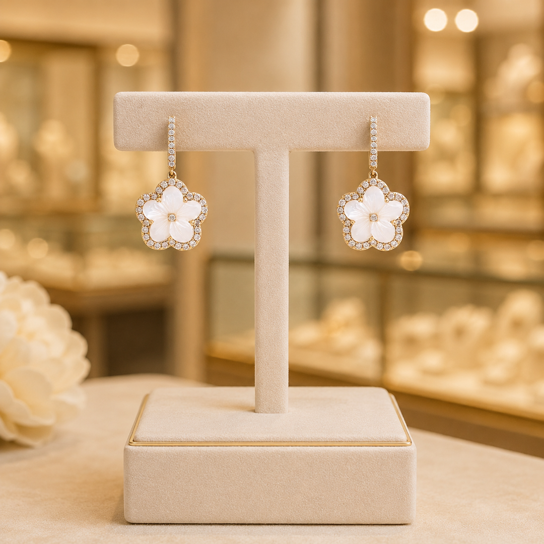 EFG53061PL. 14k Solid Yellow Gold Diamond and Mother-of-Pearl Dangle Flower Earrings