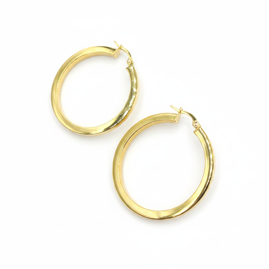 GER156. 14K Solid Gold Hollow Flat Hoop Earrings