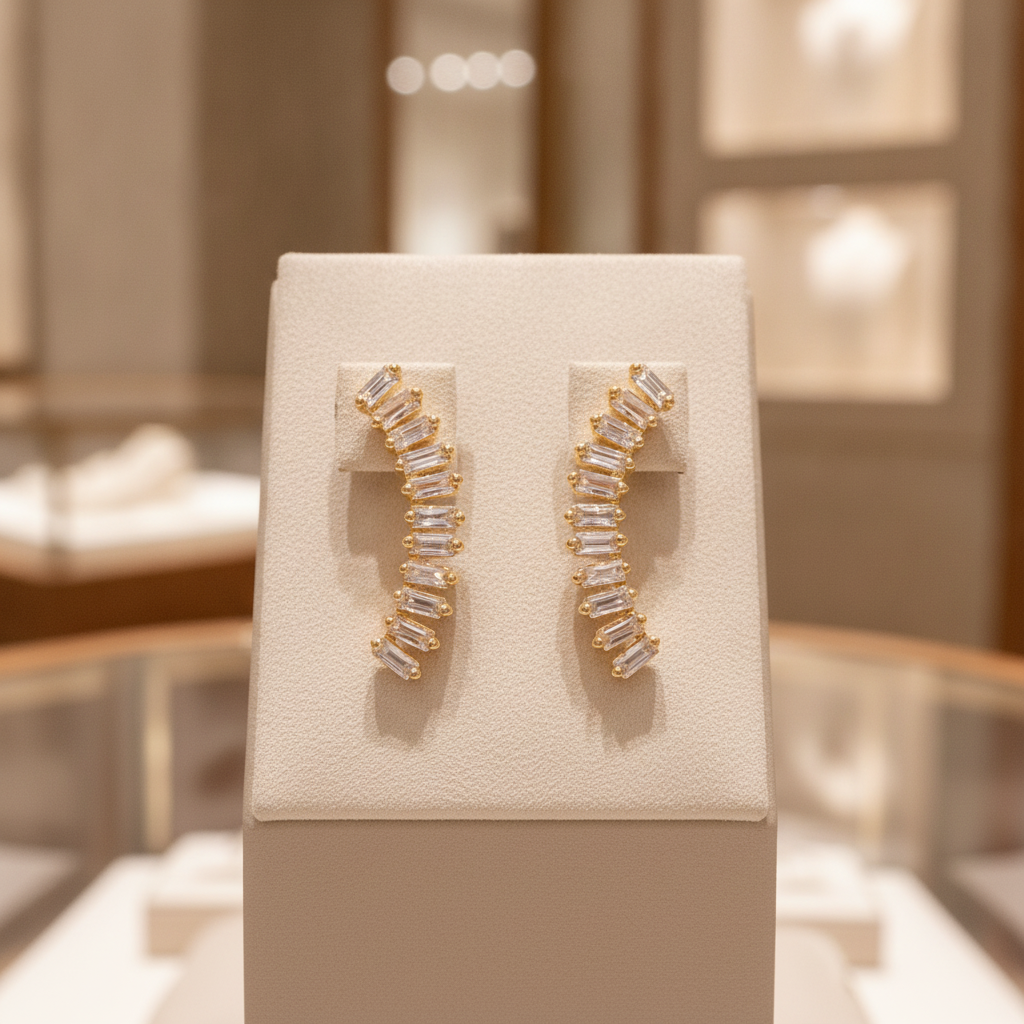 EFE53684. 14K Solid Gold Baguette Diamond Fancy Stud Earrings