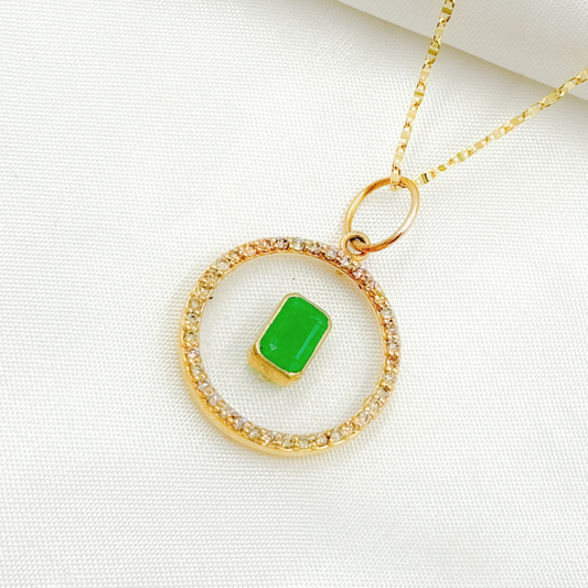 14K Solid Gold Diamond Circle Shape Crystal Charm with Gemstone in the Center. GDP598