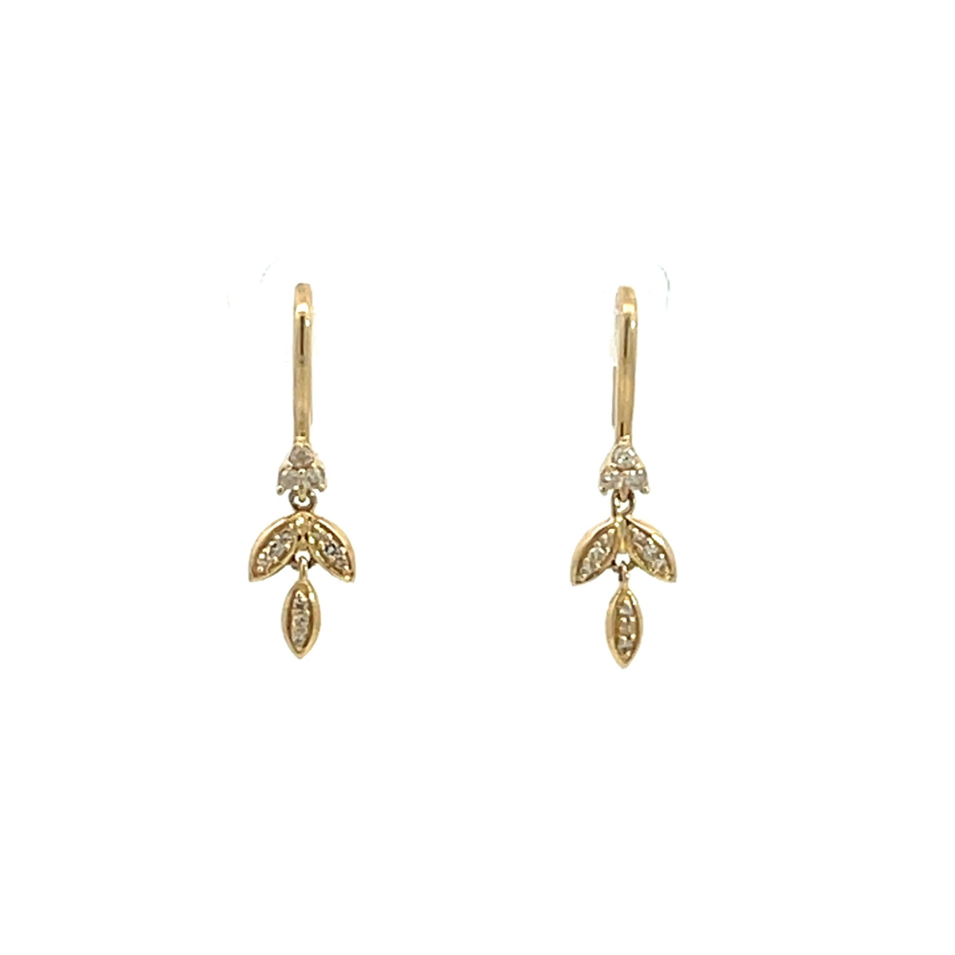 14k Solid Yellow Gold Diamond Dangle Leaves Earrings. EFB51706