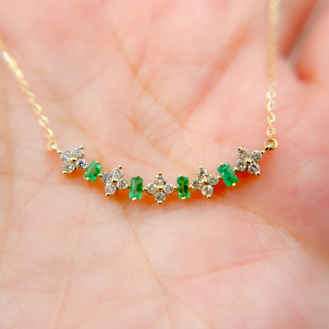 14K Solid Gold Diamond and Gemstone Flower & Baguette Necklace. NFE71566