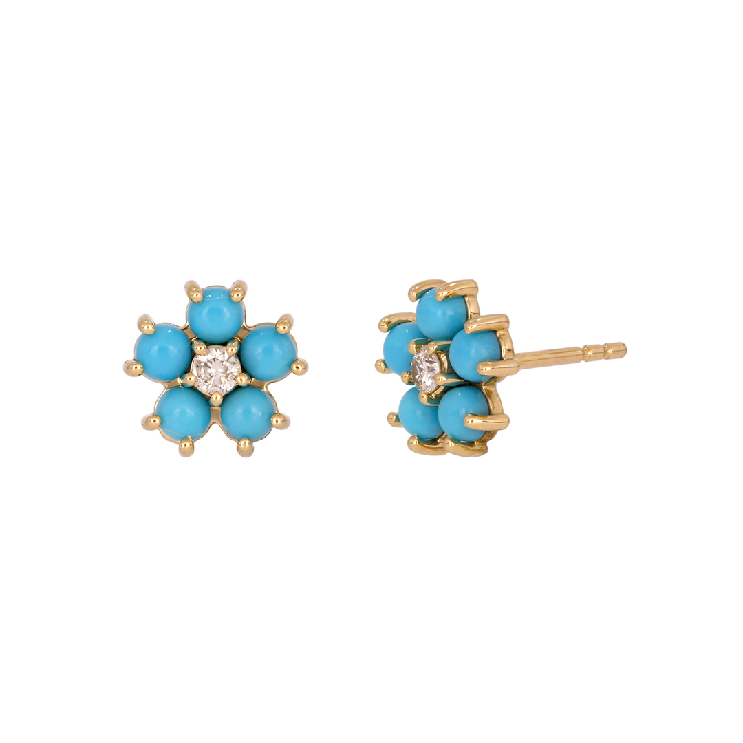 Buy 14K Solid Yellow Gold Diamond and Turquoise Flower Stud Earring