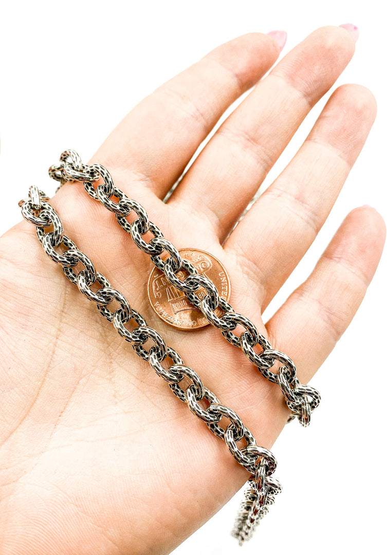 Oxidized 925 Sterling Silver Hammered Oval Link Chain. 7OX