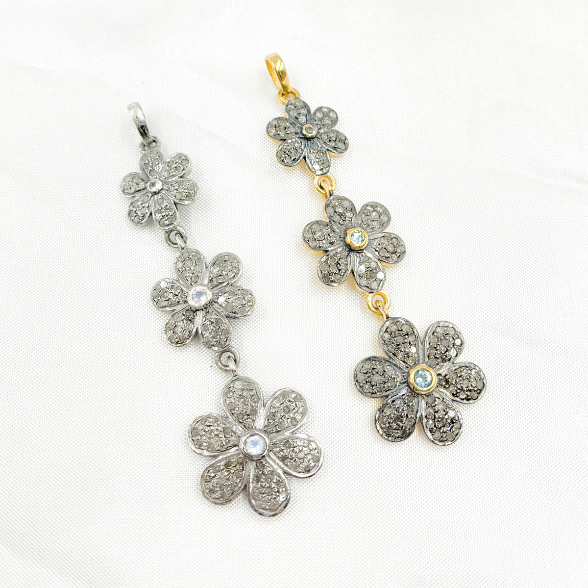 DP216. Diamond Sterling Silver 3 Flower Long Pendant with Gemstone.