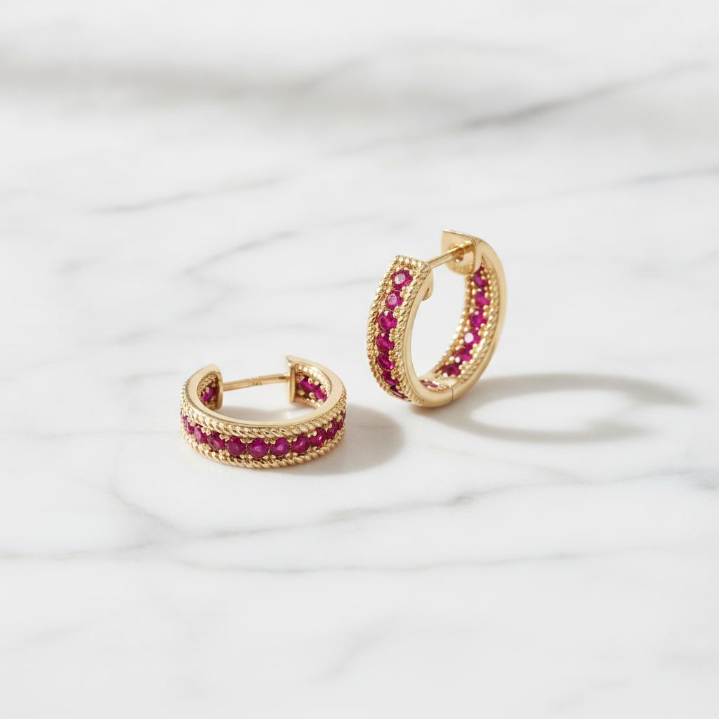EHZ57668RU. 14K Solid Yellow Gold Ruby Huggies