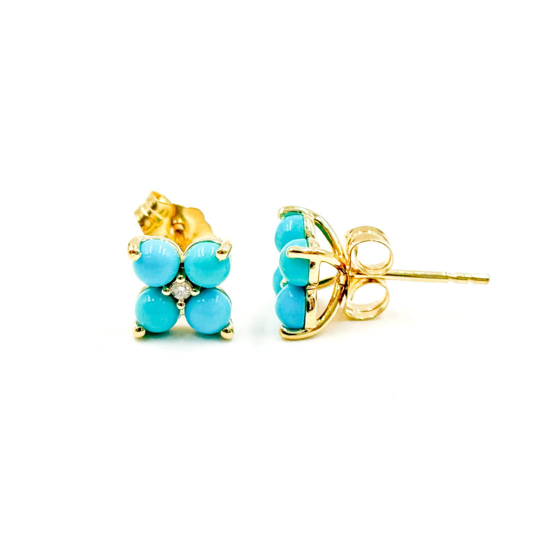 EFA53608TQ. 14K Solid Yellow Gold Diamond and Turquoise Flower Stud Earring