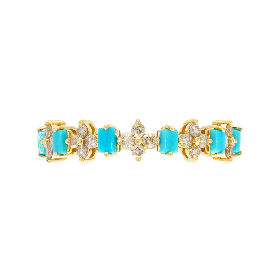 RAF01630TQ. 14K Solid Yellow Gold Diamond and Turquoise Flower and Baguette Ring