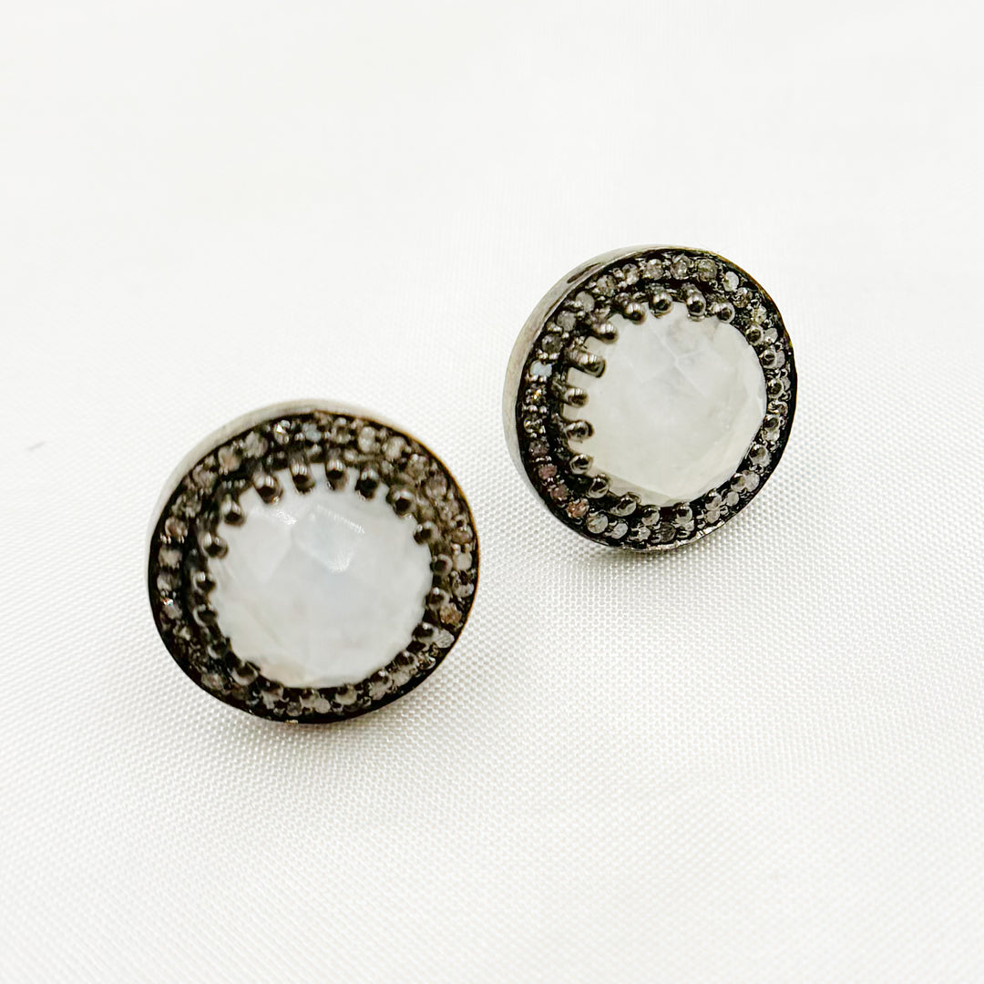 DE043. Diamond Silver Gemstone Round Studs