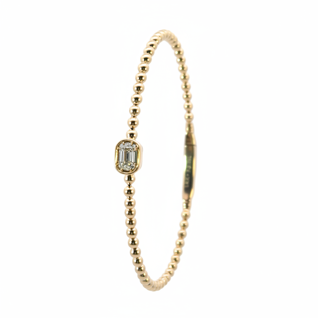 BNB68644. 14K Solid Gold Baguette Diamond Beaded Bangle