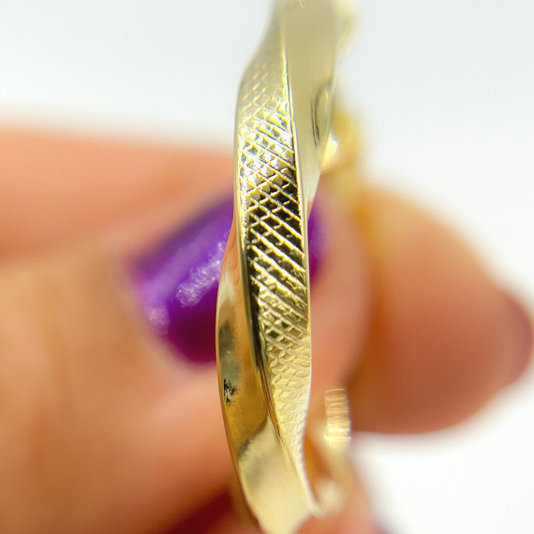 GER120. 14K Solid Gold Twisted Textured Hollow Hoop Earrings 26mm – Lightweight Hoops