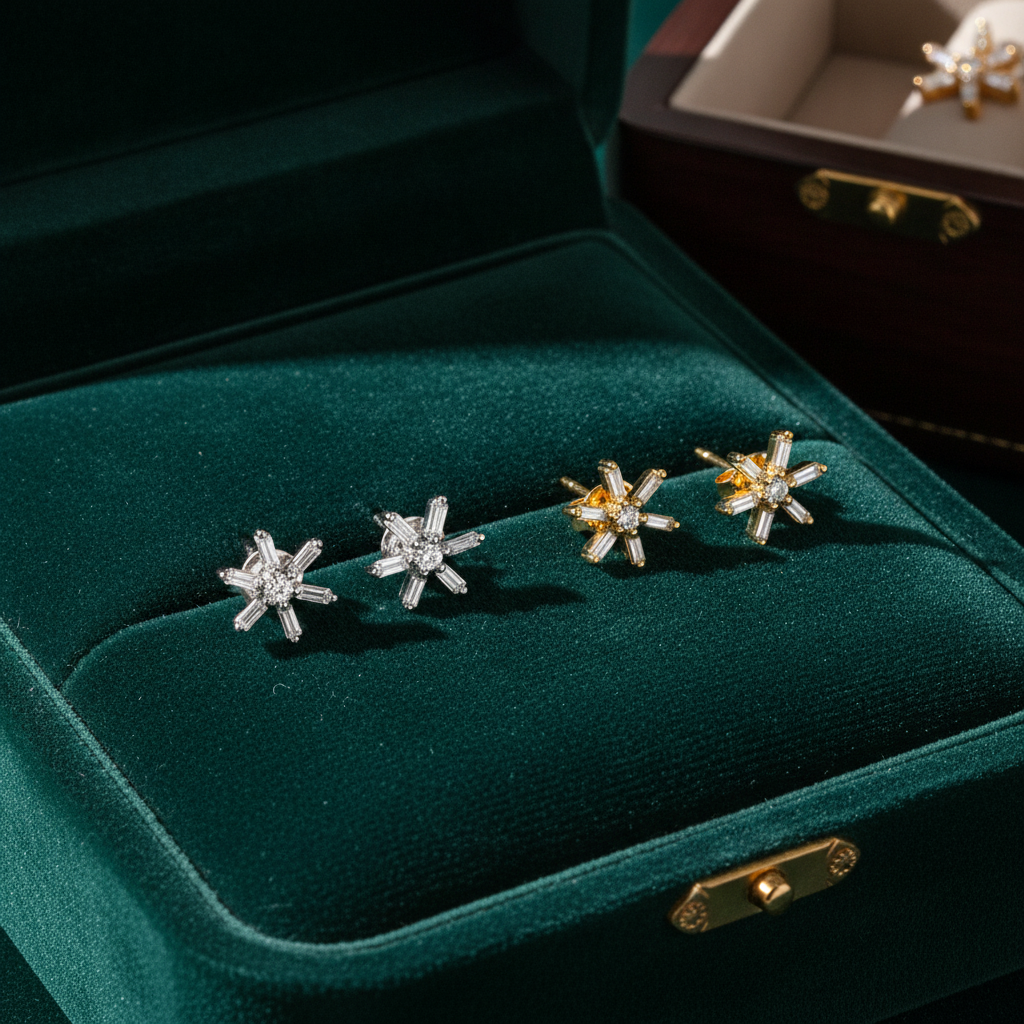 EFD53686. 14K Solid Gold Flower Diamond Studs