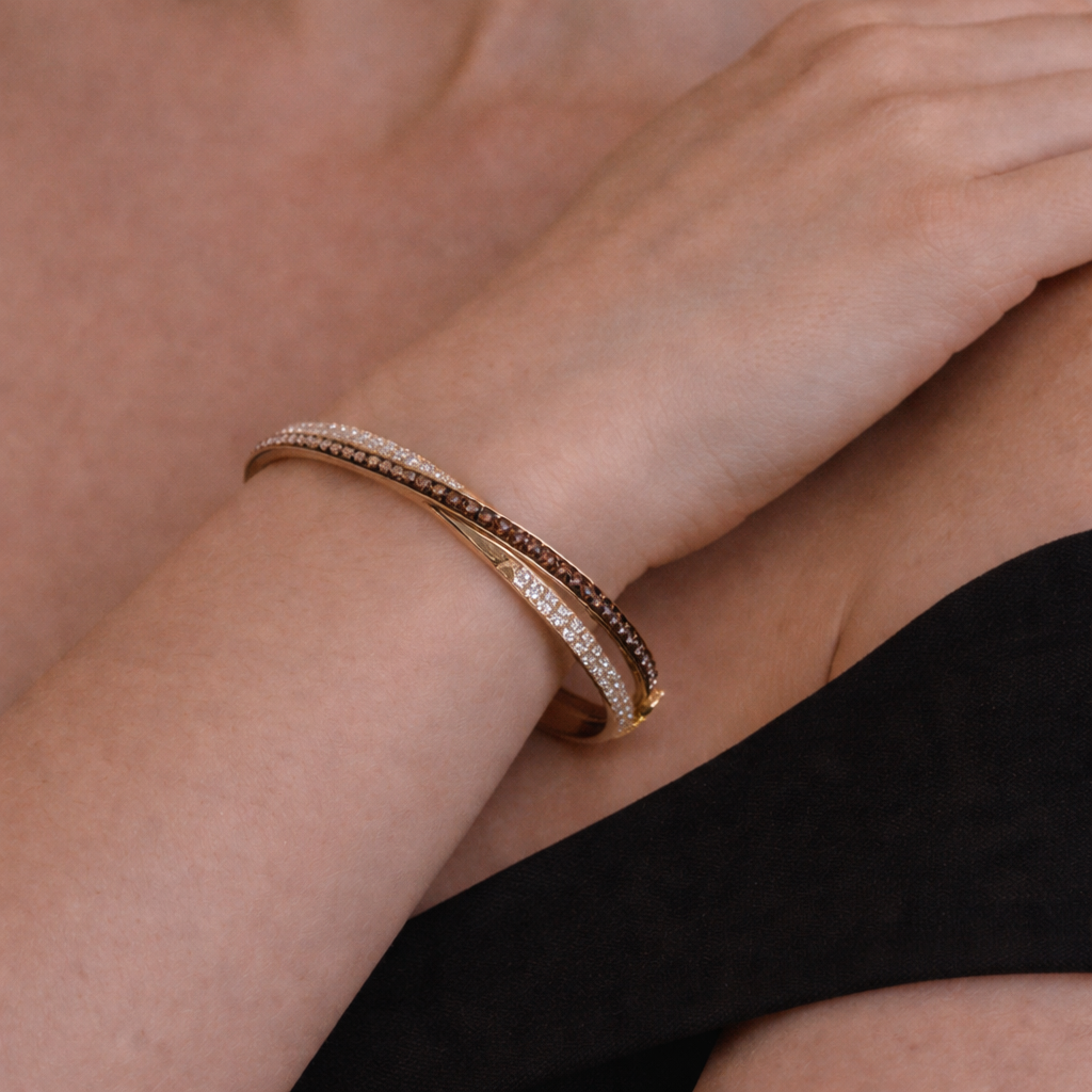 BNN68618C. 14K Solid Gold Brown and White Diamonds Twisted Bangle