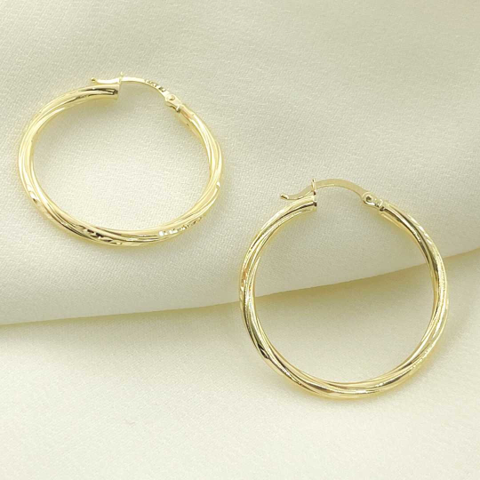 GER60. 14K Solid Gold Engraved Tornado Hoop Earrings