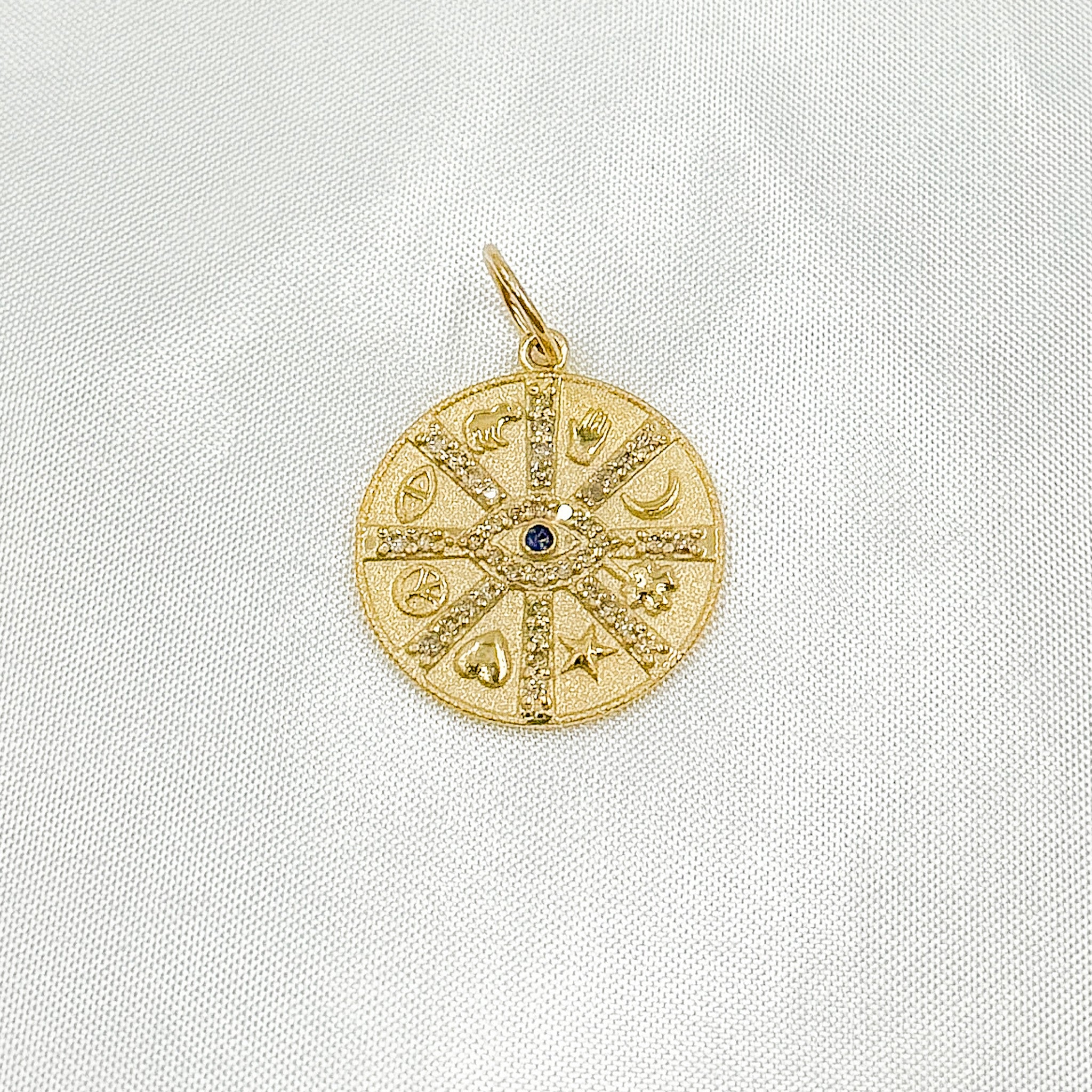 14K Solid Gold Diamonds and Gemstone Circle Charm with Symbols and Evil Eye