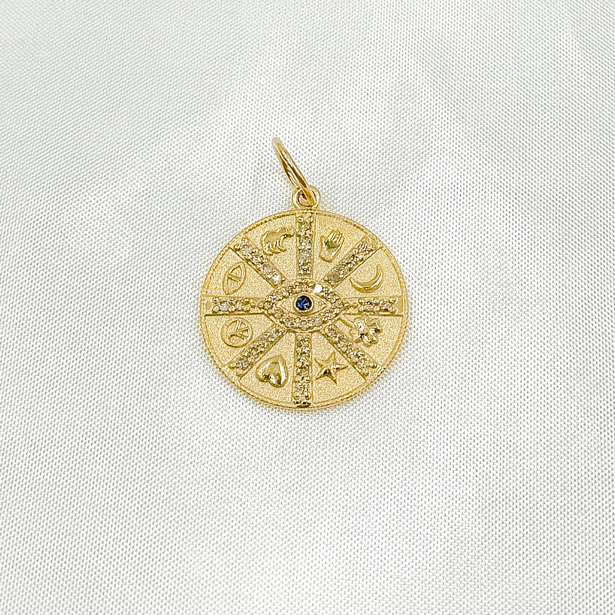 14K Solid Gold Diamonds and Gemstone Circle Charm with Symbols and Evil Eye. GDP554