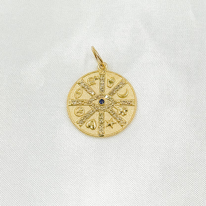 14K Solid Gold Diamonds and Gemstone Circle Charm with Symbols and Evil Eye. GDP554
