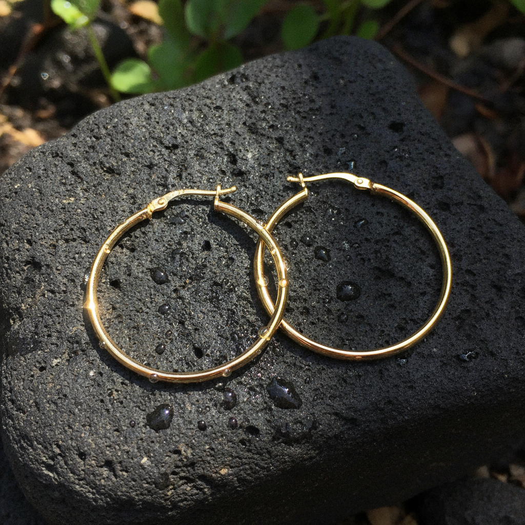 GER169. 14K Gold Hollow Hoop Earrings
