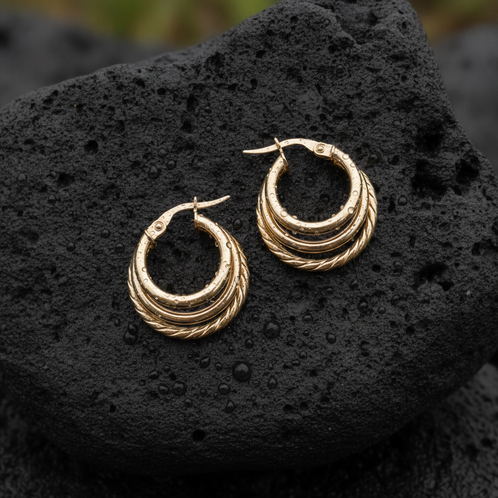 15850007166. 14K Solid Gold Smooth and Textured Triple Line Hollow Hoop Earrings