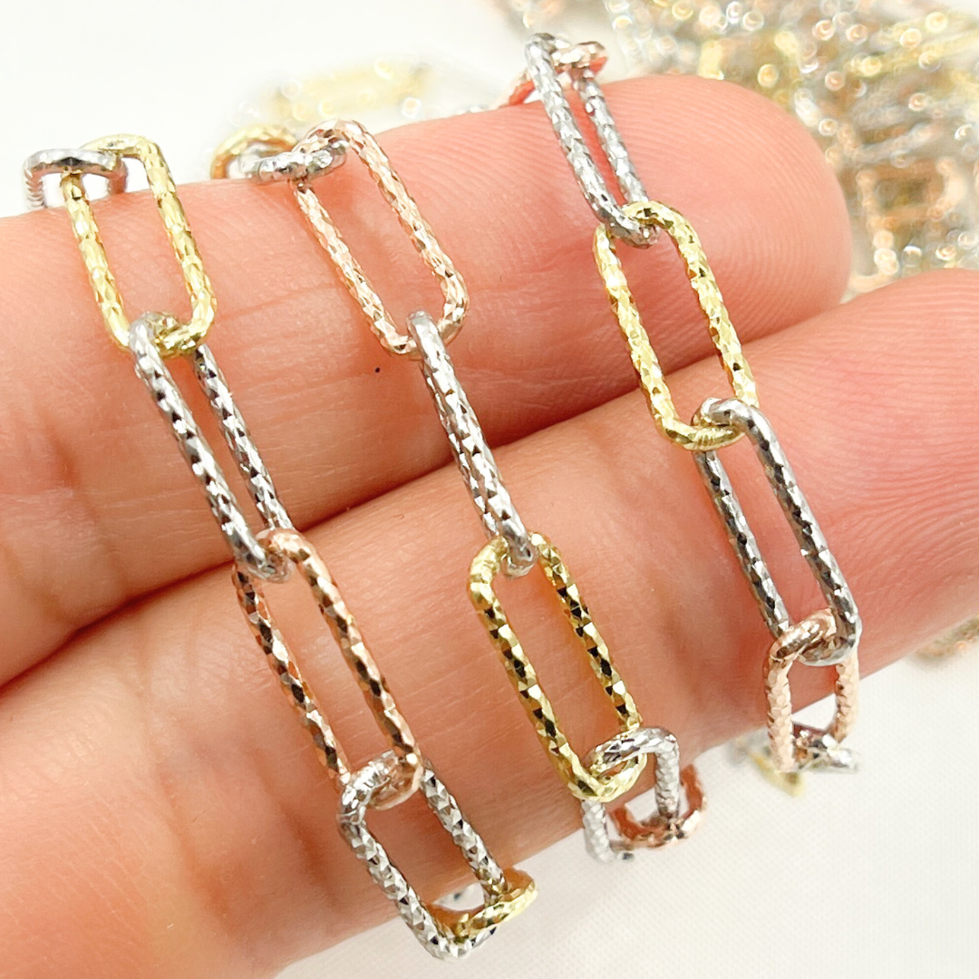 925 Sterling Silver Tri-color Diamond Cut Paperclip Chain.Y8GRS