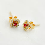 Load image into Gallery viewer, ER418281RB. 14K Solid Yellow Gold Diamond and Ruby Flower Stud Earring
