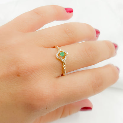 14K Solid Yellow Gold Diamond and Emerald Flower Ring.
