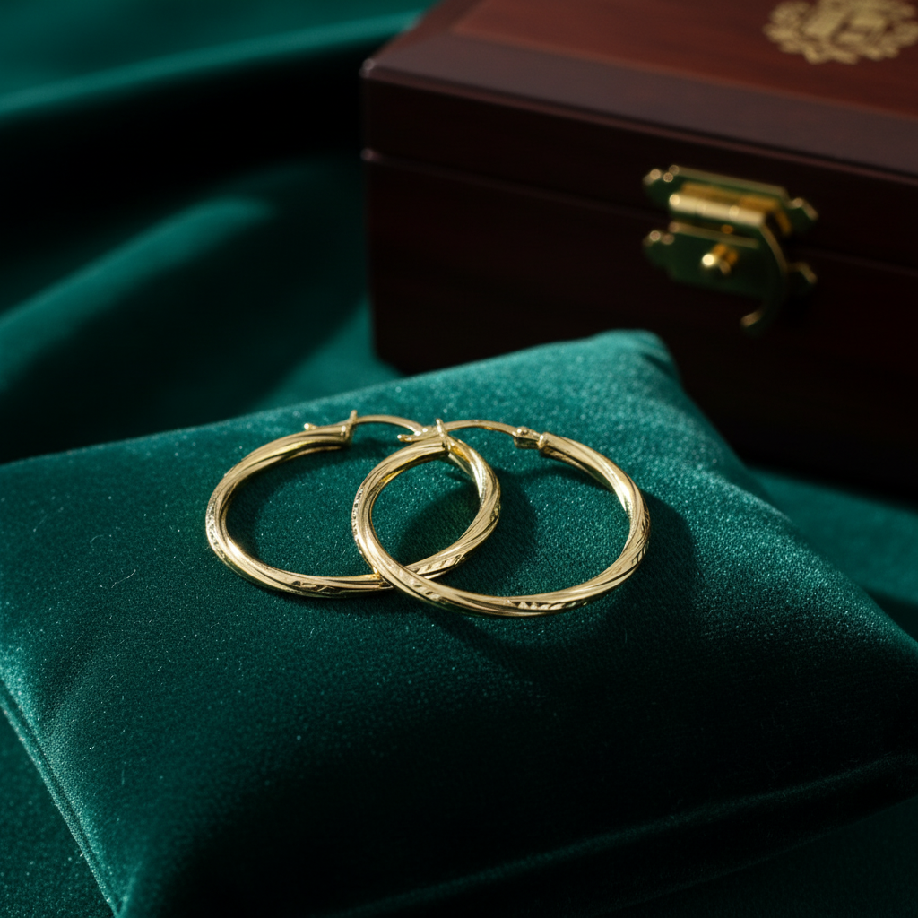 GER60. 14K Solid Gold Engraved Tornado Hollow Hoop Earrings