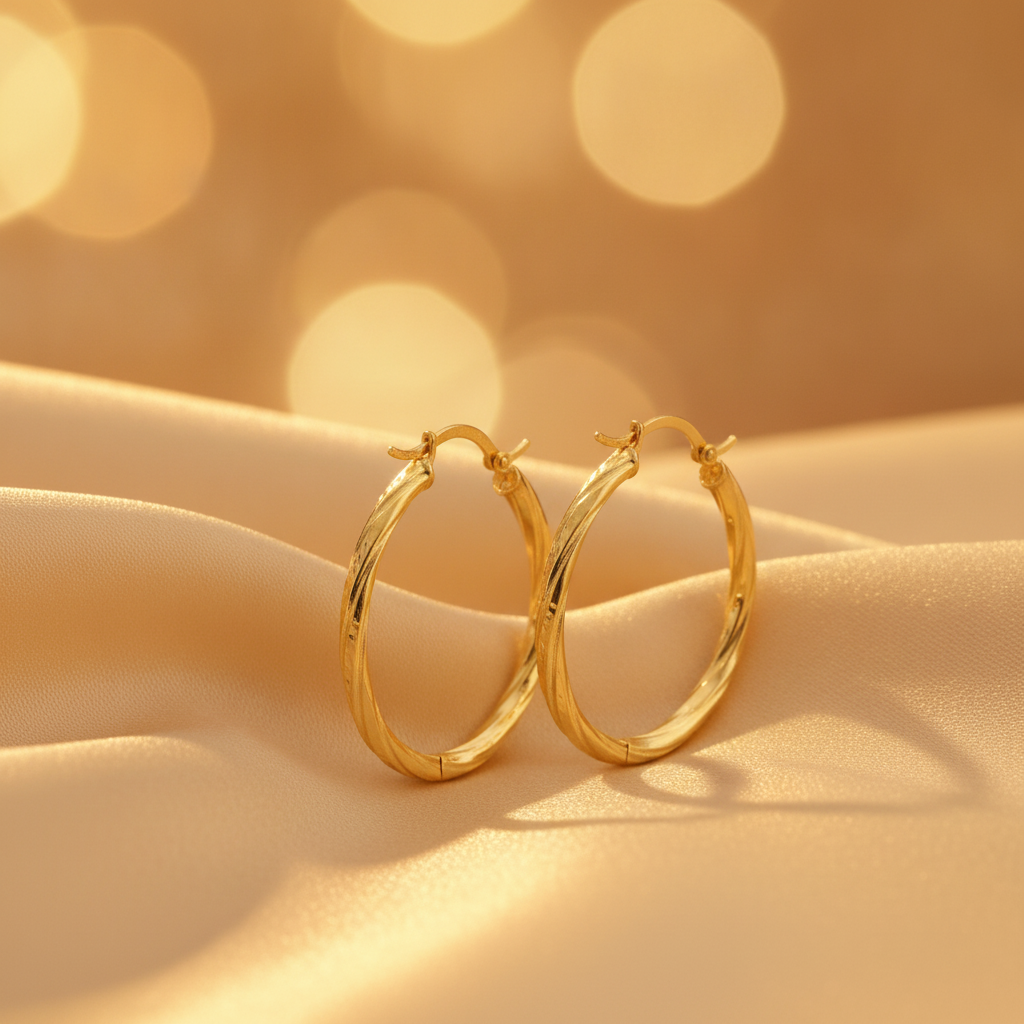 GER60. 14K Solid Gold Engraved Tornado Hollow Hoop Earrings